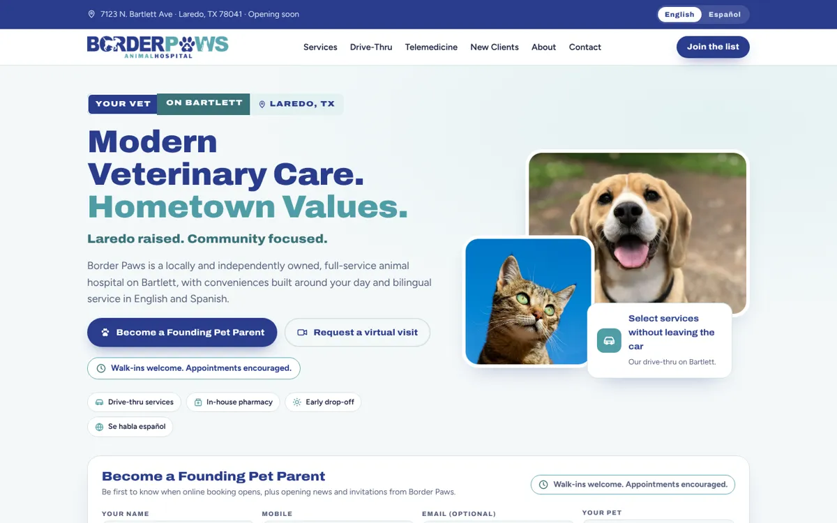 Homepage of the Border Paws Animal Hospital website